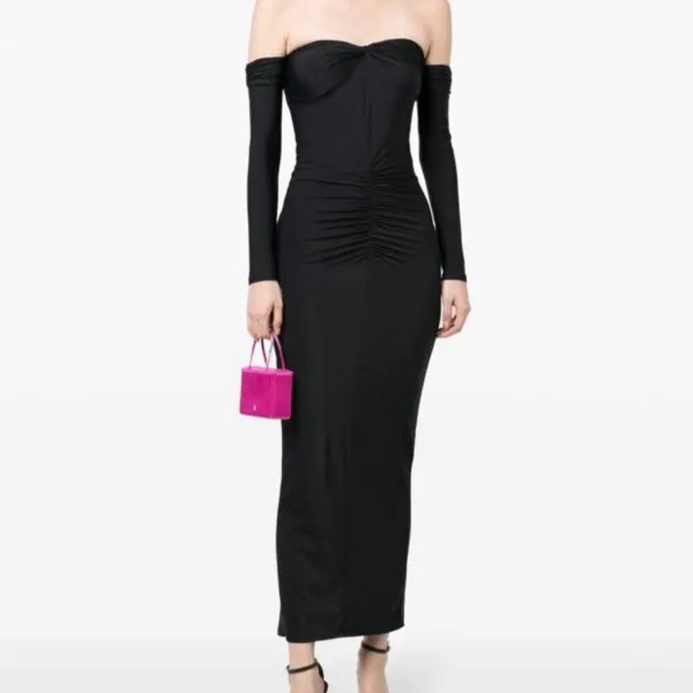 Fleur Du Mal Ruched Strapless Midi Dress XS Black Cocktail Party Glam Luxury